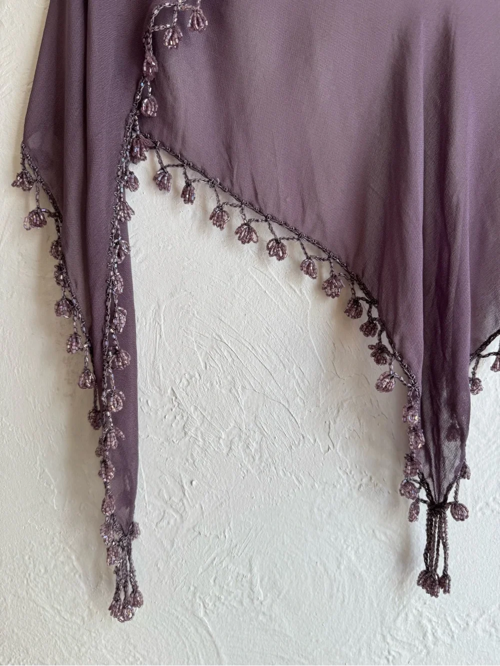 Sheer Chiffon Triangle Scarf Wrap with Beaded Crochet Fringe Mauve Purple Boho